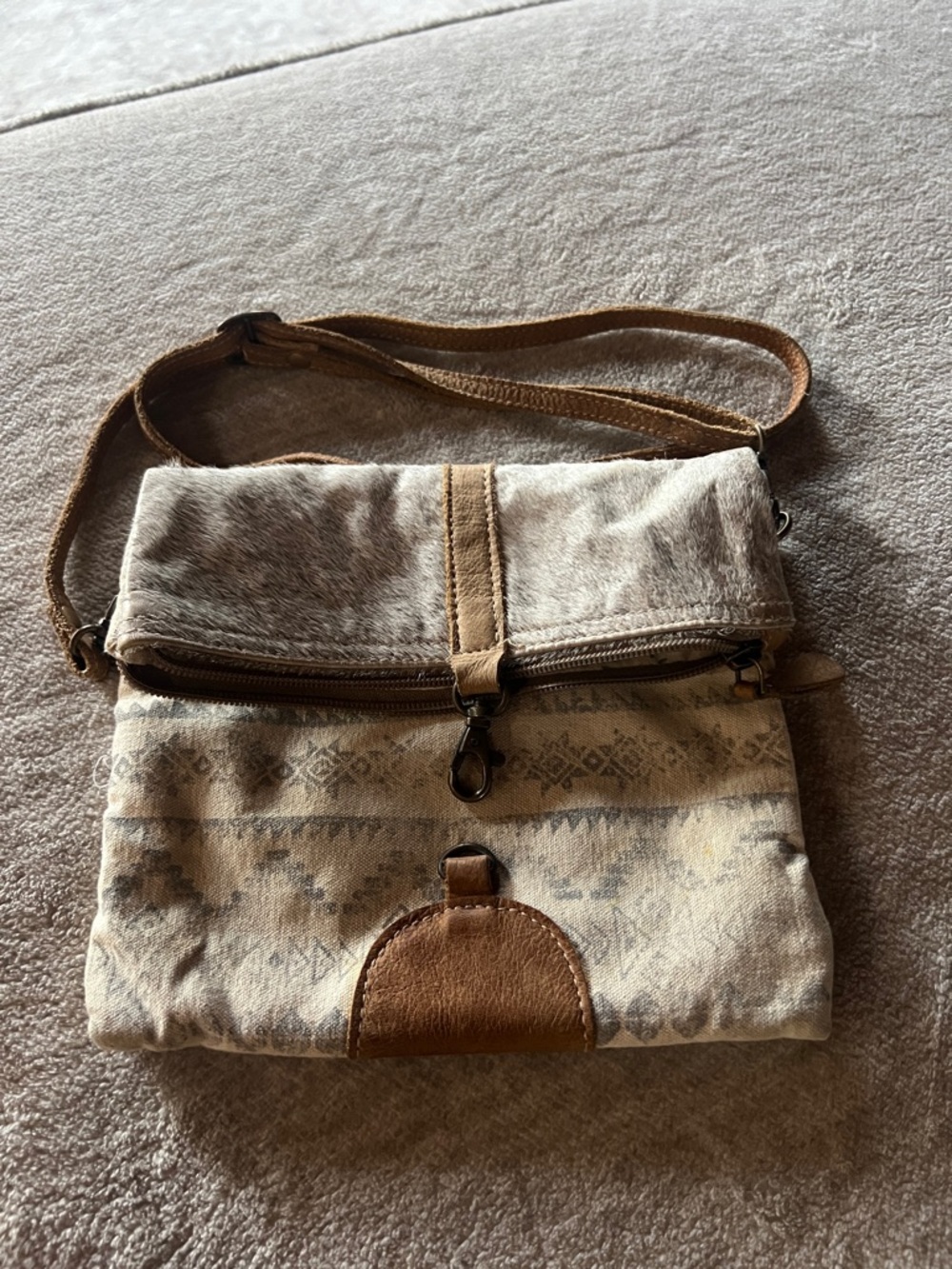Myra Neutral Patterned Canvas Crossbody Bag with cowhide Trim